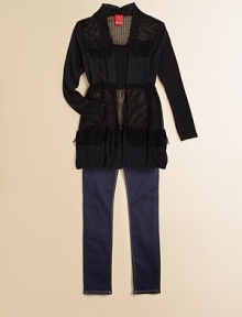A hip, texture-rich style, shaped with ribbed sleeves, sheer mesh panels and chic fringe.Open frontLong sleevesMesh panels at shoulders and waistFringe detailsBody and sleeves: 96% rayon/4% spandexMesh: rayonMachine washImported