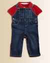 Every rough-and-tumble baby needs sturdy overalls of soft denim to keep pace with all his crawling and cruising.Adjustable shoulder straps with button and hook claspsBib patch pocketsTwo-button side closeMock flyBelt loopsFront scoop pocketsBack patch pocketsSnap legs98% cotton/2% elastaneMachine washImportedPlease note: Number of snaps may vary depending on size ordered. 