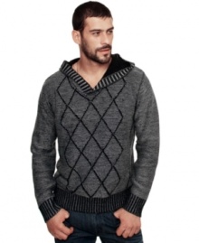 Unique pullover sweater with hood by Marc Ecko Cut & Sew with argyle pattern gives this a handsome cool style.