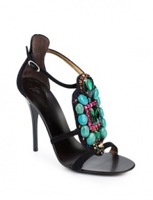 THE LOOKT-strap silhouetteAnkle strap with buckle closureRhinestone and bead detailsTHE FITHeel 4 (100mm)THE MATERIALSuede upperLeather lining and soleORIGINMade in Italy THE LOOKT-strap silhouetteAnkle strap with buckle closureRhinestone and bead detailsTHE FITHeel 4 (100mm)THE MATERIALSuede upperLeather lining and soleORIGINMade in Italy