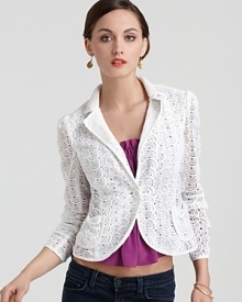 Easy and elegant, the Nanette Lepore Acrobat jacket flaunts sheer lace and delicate bow details that pair perfectly with feminine blouses and floral frocks. Easy and elegant, the Nanette Lepore Acrobat jacket flaunts sheer lace and delicate bow details that pair perfectly with feminine blouses and floral frocks.