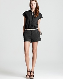 Fresh on the scene, the Theory romper is a polished alternative to shorts and a tee--a one-piece style with feminine cap sleeves. Pockets throughout are sporty-chic, while stitching lends unique detail. Fresh on the scene, the Theory romper is a polished alternative to shorts and a tee--a one-piece style with feminine cap sleeves. Pockets throughout are sporty-chic, while stitching lends unique detail.