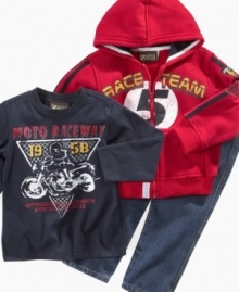 Slick style. He'll be ready to roll when he's wearing this cute and cozy hoodie, tee and jeans set from Nannette. Slick style. He'll be ready to roll when he's wearing this cute and cozy hoodie, tee and jeans set from Nannette.