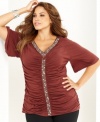 Beading and ruching lend an elegant finish to INC's short sleeve plus size top-- complete the look with your go-to jeans.