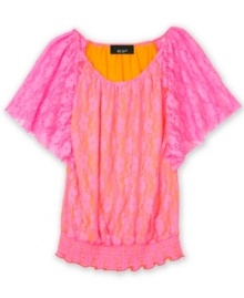 Give her style a flowy feel with this lace neon top from BCX. Give her style a flowy feel with this lace neon top from BCX.