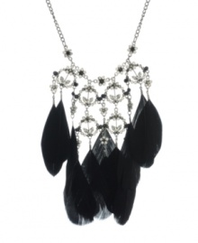 Definitely dramatic. A distinctive combination of black feathers and faceted crystal flower accents makes Haskell's statement necklace stand out in a crowd. Crafted in hematite tone mixed metal. Approximate length: 18 inches + 3-inch extender. Approximate drop: 5-1/2 inches.