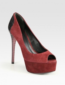 Vibrant suede design with an exotic textured heel and elevated platform. Self covered heel, 5 (125mm) Island platform, 1½ (40mm) Compares to a 3½ heel (90mm) Suede upper Leather lining and sole Padded insole ImportedOUR FIT MODEL RECOMMENDS ordering one half size up as this style runs small. Vibrant suede design with an exotic textured heel and elevated platform. Self covered heel, 5 (125mm) Island platform, 1½ (40mm) Compares to a 3½ heel (90mm) Suede upper Leather lining and sole Padded insole ImportedOUR FIT MODEL RECOMMENDS ordering one half size up as this style runs small.