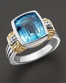 With a deeply etched band, large blue topaz and goldtone accents, Lagos offers up a ring that will bring your look into focus. Designed by Lagos.