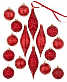 Red balls, drop ornaments and swirls of gold glitter transform your tree into a dazzling spectacle. From Holiday Lane.