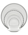 Vera Wang marries modern shapes with traditional lace in this set of dinnerware. The dishes are decidedly timeless. Platinum trim and banding add delicate feminine touches to the white bone china Flirt place settings.