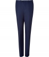 Elegant classic pant in fine, pure navy wool - Modern, slim straight cut - Flattering crease detail elongates the silhouette - Tab waist with belt loops and button closure - Pockets at sides and single welt pocket at rear - Comfortable yet polished, an easy, everyday go-to - Pair with button downs, pullovers or a suit jacket