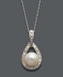 Illuminate your neckline with this sweet style by Belle de Mer. A cultured freshwater pearl (8-9 mm) is cradled inside an open-cut teardrop accented by sparkling diamonds. Setting and chain crafted in 14k white gold. Approximate length: 18 inches. Approximate drop: 7/8 inch. Illuminate your neckline with this sweet style by Belle de Mer. A cultured freshwater pearl (8-9 mm) is cradled inside an open-cut teardrop accented by sparkling diamonds. Setting and chain crafted in 14k white gold. Approximate length: 18 inches. Approximate drop: 7/8 inch.