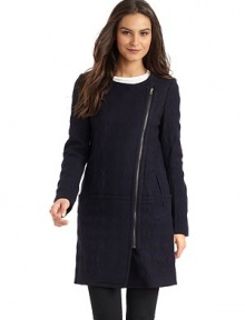 THE LOOKCollarlessAsymmetrical zip front closureLong sleevesDual slash front pocketsTHE FITAbout 36 from shoulder to hemTHE MATERIAL75% wool/25% polyesterPolyester liningCARE & ORIGINDry cleanImported THE LOOKCollarlessAsymmetrical zip front closureLong sleevesDual slash front pocketsTHE FITAbout 36 from shoulder to hemTHE MATERIAL75% wool/25% polyesterPolyester liningCARE & ORIGINDry cleanImported