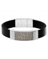 Add a designer element to your style. Emporio Armani's refined bracelet features the signature logo emblazoned in stainless steel with a transparent grey lacquer finish. Bracelet band is crafted in sleek black leather.  Approximate length: 7-1/2 inches.