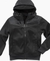With a hood or without a hood? No need to choose with this Sean John jacket that sports a zip compartment made just for the easily hidden hood.