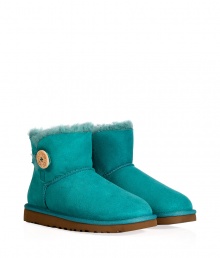 A stylish twist on a venerable classic, the UGG Australia mini Bailey Button boot is a welcome colorful addition to your cold weather casual wardrobe - Crafted from twin-faced sheepskin and featuring exposed seams, reinforced heel, traction outsole, signature UGG label, wooden button and elastic band closure, fleece-lined for superior warmth and comfort - Newer, ankle-height - Truly versatile, perfect for pairing with everything from skinny jeans to yoga pants to mini-skirts