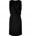 Feminine, elegant dress in black viscose - Sophisticated lines flatter - V-neck - Narrow-waisted silhouette with draped top and slim skirt - Hem falls at mid-thigh - Sleeveless - Pair with platform pumps and clutch or with flat sandals for a chic, casual look