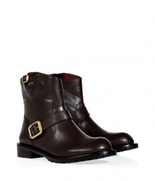 Take on this seasons rocker-chic trend with Marc by Marc Jacobs flawless moto boots, detailed in smooth espresso leather for an understated luxe edge - Rounded toe, buckled straps, stitched welt, lug sole, pull-on style - Team with edgy skinny jeans and urban-cool outerwear Take on this seasons rocker-chic trend with Marc by Marc Jacobs flawless moto boots, detailed in smooth espresso leather for an understated luxe edge - Rounded toe, buckled straps, stitched welt, lug sole, pull-on style - Team with edgy skinny jeans and urban-cool outerwear