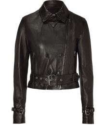 A modern take on the classic biker jacket, this luxe leather from Edun boasts a feminine fit with tough-meets-chic detailing - Spread collar, asymmetrical zip front, button detailing, zip pockets, belted waist and cuffs, cropped, fitted silhouette - Style with high-waisted skinnies and a tee or a pencil skirt and heels