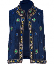 Take a worldly stance on sophistication with Anna Suis rich navy embellished velvet vest - Stand-up collar, open front with throat latch - Loosely fitted - A chic layering piece perfect for adding impact to your outfit Take a worldly stance on sophistication with Anna Suis rich navy embellished velvet vest - Stand-up collar, open front with throat latch - Loosely fitted - A chic layering piece perfect for adding impact to your outfit
