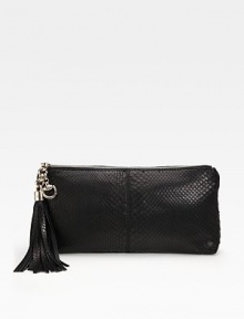 Rich python with tassel and horsebit detail and light goldtone hardware.Top zip closure One inside open pocket Leather lining 12½W X 7¾H X 1½D Made in Italy Rich python with tassel and horsebit detail and light goldtone hardware.Top zip closure One inside open pocket Leather lining 12½W X 7¾H X 1½D Made in Italy