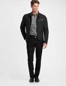 Crafted in a trim fit from water-repellent taffeta, this biker jacket features a sleek design and edgy hardware for a modern moto-inspired look.Double-zip frontStand collarZippered chest, waist pocketsFully linedAbout 25 from shoulder to hemPolyesterDry cleanImported Crafted in a trim fit from water-repellent taffeta, this biker jacket features a sleek design and edgy hardware for a modern moto-inspired look.Double-zip frontStand collarZippered chest, waist pocketsFully linedAbout 25 from shoulder to hemPolyesterDry cleanImported