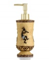 Revered by Native Americans, Kokopelli gives your bathroom an authentically Southwestern vibe. Saddle stitching frames the dancing deity on this dimpled lotion or liquid soap pump. With a goldtone pump.