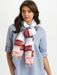 A lightweight, gauzy style with a fringe accent. 85% cotton/15% acrylicAbout 80 X 20Hand wash or dry cleanImported A lightweight, gauzy style with a fringe accent. 85% cotton/15% acrylicAbout 80 X 20Hand wash or dry cleanImported