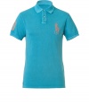 For a modern riff on a venerable classic, try Ralph Laurens big logo polo shirt - Soft yet durable turquoise pique cotton - Slim, straight cut - Small collar and short button placket - Oversize polo pony logo at chest and numbered sleeve - Hem hangs slightly longer in the back - Casually cool, ideal for everyday leisure - Pair with jeans, chinos or shorts