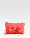 Sumptuous leather in demure zip-top bag finished with a pretty front bow.Chain shoulder strap, 20 dropMagnetic top closureOne inside open pocketPVC backing12¼W X 11¾H X 7½DImported