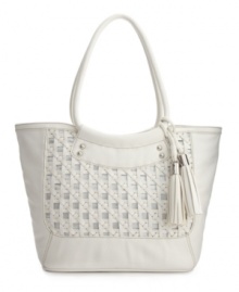 Heat up your handbag collection with a striking woven design from Nine West. This pretty satchel silhouette is decorated with silvertone hardware and tassel accents. Heat up your handbag collection with a striking woven design from Nine West. This pretty satchel silhouette is decorated with silvertone hardware and tassel accents.