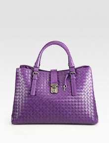 Classic elegance in exquisite woven nappa lambskin with braided handles and a three-compartment interior.Adjustable braided double handles, 5½-7¾ drop Magnetic snap close for center compartment Flap-over strap closure with lock and key One inside zip pocket One inside open pocket Suede lining 14W X 10H X 7½D Made in Italy Classic elegance in exquisite woven nappa lambskin with braided handles and a three-compartment interior.Adjustable braided double handles, 5½-7¾ drop Magnetic snap close for center compartment Flap-over strap closure with lock and key One inside zip pocket One inside open pocket Suede lining 14W X 10H X 7½D Made in Italy