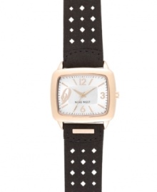 Rosy hues meet dark tones in this eye-catching watch from Nine West. Crafted of black perforated leather strap and rounded square rose-gold tone mixed metal case. Silver dial with rose-gold tone numerals at three, six, nine and twelve o'clock, applied stick incides, minute track, hour and minute hands, sweeping second hand and logo at six o'clock. Quartz movement. Limited lifetime warranty. Rosy hues meet dark tones in this eye-catching watch from Nine West. Crafted of black perforated leather strap and rounded square rose-gold tone mixed metal case. Silver dial with rose-gold tone numerals at three, six, nine and twelve o'clock, applied stick incides, minute track, hour and minute hands, sweeping second hand and logo at six o'clock. Quartz movement. Limited lifetime warranty.