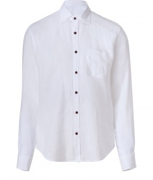 With its clean look and lightweight linen, Vinces white button-down is an effortless cool choice - and a must for your next warm weather getaway - Classic collar, long sleeves, buttoned cuffs, button-down front, chest pocket, wood-effect buttons, shirttail hemline - Relaxed slim fit - Wear with swim trunks, or linen pants and sandals