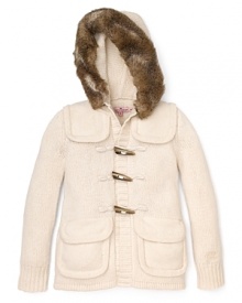 This traditional duffle coat gets a makeover, blending sweater details with a toggle closure and removable hood with faux-fur trim. This traditional duffle coat gets a makeover, blending sweater details with a toggle closure and removable hood with faux-fur trim.