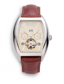 THE LOOKRectangular stainless steel case, 32mm (1.25) X 38mm (1.5)Smooth bezelChampagne multi-function dial with transparent detailNumeral hour markersTransparent case backBrown croc-print leather strapWater resistant to 3 ATMTHE MATERIALStainless steelCroc-print leatherORIGINImported THE LOOKRectangular stainless steel case, 32mm (1.25) X 38mm (1.5)Smooth bezelChampagne multi-function dial with transparent detailNumeral hour markersTransparent case backBrown croc-print leather strapWater resistant to 3 ATMTHE MATERIALStainless steelCroc-print leatherORIGINImported