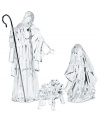 An elegant setting simply on their own, these three figurines sparkle upon a mantle or table as Mary kneels beside Baby Jesus resting in a cradle and the proud father stands tall with a cane in tow.