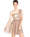 Grecian style meets glitterati cool on this one-shoulder dress from Jump! Gold-tone sequins and dreamy chiffon design makes this number totally shine.