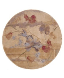 A beautiful painting set upon a plush, luminous canvas. Round rug features a misty morning landscape with irises rendered in cool blues and crimsons. Woven of premium Opulon(tm) yarns to create a lavish pile with a rich, color-enhancing finish.