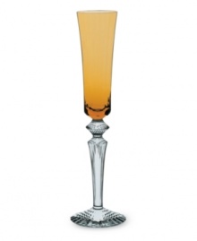 Play with color. Baccarat combines an amber gradient and beveled base in Mille Nuits Flutissimo flutes for a look that's both modern and classic. Strong lines in weighty, dishwasher-safe crystal lend bold, effortless elegance to every occasion.