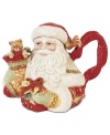 Trim the table, too. As much decor as serveware, the Bountiful Holiday teapot from Fitz and Floyd is rich with detail, from the autumnal pattern in Santa's coat, to the beautiful gifts he bears. Remove his hat to fill and pour from his stocking.