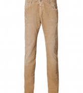 Stylish pants in fine beige cotton stretch blend - Ultra-fine wale corduroy - Slim, straight cut tapers at ankles - Lighter color through thighs - Classic five-pocket styling with belt loops and button closure - A cool, comfortable basic that is truly versatile - Pair with pullovers, button downs and blazers and style with lace-up boots or oxfords