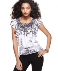 Ruffles and tonal embroidery update One World's romantic top. The lace inset in the back adds sultry appeal! Ruffles and tonal embroidery update One World's romantic top. The lace inset in the back adds sultry appeal!
