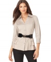 Alfani gives this shirt a feminine twist, adding tiered detail at the hips and a sleek contrasting belt. Pair with skinny pants and heels or tall boots for a fresh take on workwear.