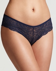 A sheer floral lace hipster with scalloped edge trim along legs and keyhole at back. A sheer floral lace hipster with scalloped edge trim along legs and keyhole at back.