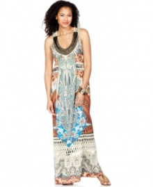 A maxi worthy of a queen, from One World. The regal beaded neckline and exotic mixed prints give this dress a regal look!