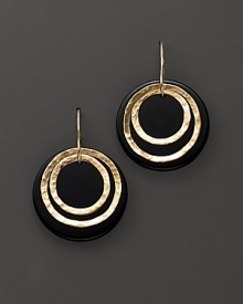 Black onyx disc drop earrings with hammered gold ring accents. Black onyx disc drop earrings with hammered gold ring accents.