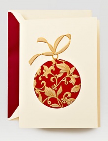 Dramatic with a touch of whimsy, the hand-engraved red and gold ornament on this Christmas card is holiday perfection. Inside reads May the joys and blessings of the Christmas season be yours throughout the year. Consider the garnet-lined cream envelope the star on top of the tree.Set of 10 cards5.5 X 7.38Made in USA Dramatic with a touch of whimsy, the hand-engraved red and gold ornament on this Christmas card is holiday perfection. Inside reads May the joys and blessings of the Christmas season be yours throughout the year. Consider the garnet-lined cream envelope the star on top of the tree.Set of 10 cards5.5 X 7.38Made in USA