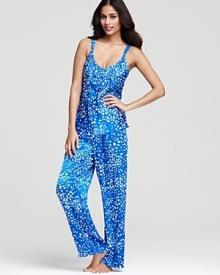 Exude elegance in an allover floral print pajama set with intricate mesh trim. Exude elegance in an allover floral print pajama set with intricate mesh trim.