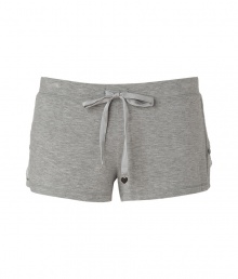 Stylish shorts in fine heather grey stretch modal - Short mini length is sexy but comfortable - Drawstring waist with heart charms on the ties and decorative lace trim - A great lounge basic with a tee, tank or cut-off sweatshirt Stylish shorts in fine heather grey stretch modal - Short mini length is sexy but comfortable - Drawstring waist with heart charms on the ties and decorative lace trim - A great lounge basic with a tee, tank or cut-off sweatshirt